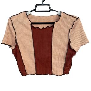 Shein Crop Top Womens Extra Large Brown Colorblock Lettuce Trim